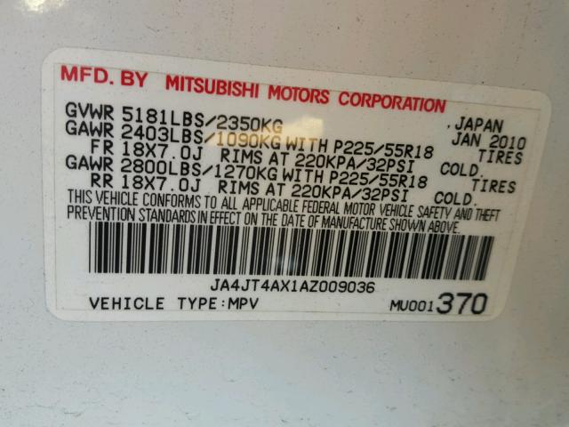 JA4JT4AX1AZ009036 - 2010 MITSUBISHI OUTLANDER WHITE photo 10