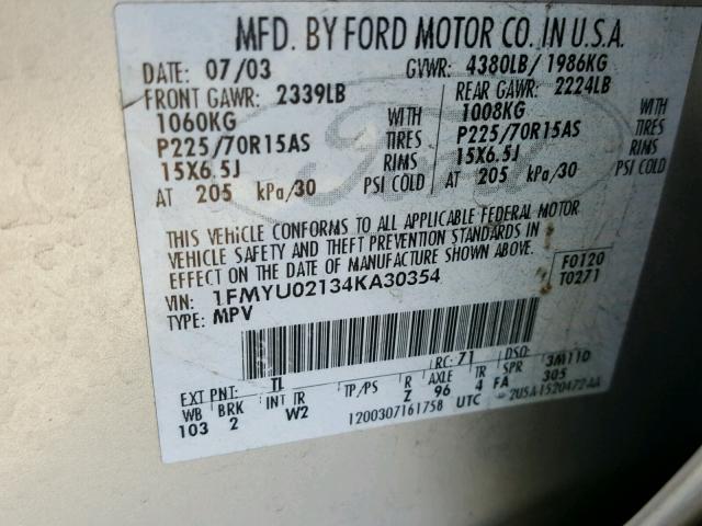 1FMYU02134KA30354 - 2004 FORD ESCAPE XLS SILVER photo 10