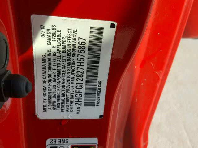 2HGFG12827H575867 - 2007 HONDA CIVIC EX RED photo 10