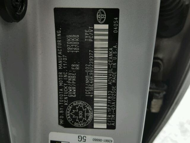 4T1BE46K98U239377 - 2008 TOYOTA CAMRY CE SILVER photo 10