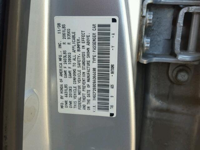 1HGCP26809A064498 - 2009 HONDA ACCORD EXL SILVER photo 10