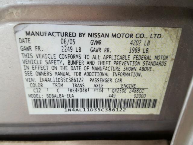 1N4AL11D35C386122 - 2005 NISSAN ALTIMA S TAN photo 10