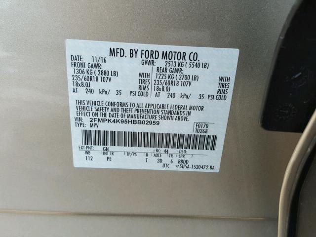 2FMPK4K95HBB02959 - 2017 FORD EDGE TITAN GOLD photo 10