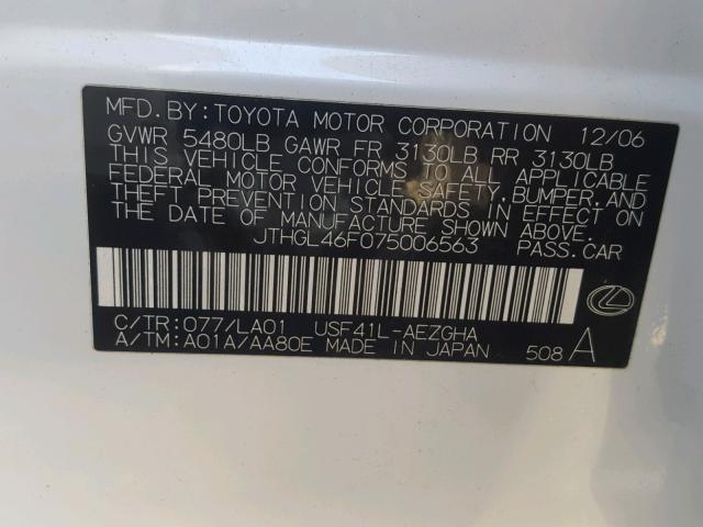 JTHGL46F075006563 - 2007 LEXUS LS 460L WHITE photo 10