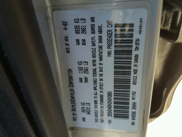 2B3HD46R42H243881 - 2002 DODGE INTREPID S 银色 照片 10