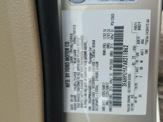 3FAHP0HA7AR211862 - 2010 FORD FUSION SE SILVER photo 10