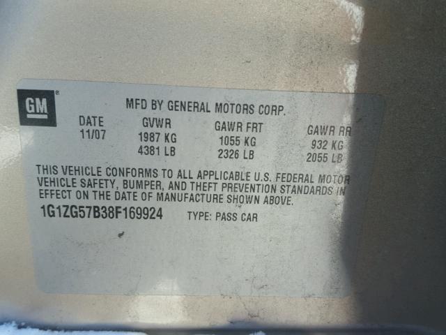 1G1ZG57B38F169924 - 2008 CHEVROLET MALIBU LS ოქროსფერი ფოტო 10