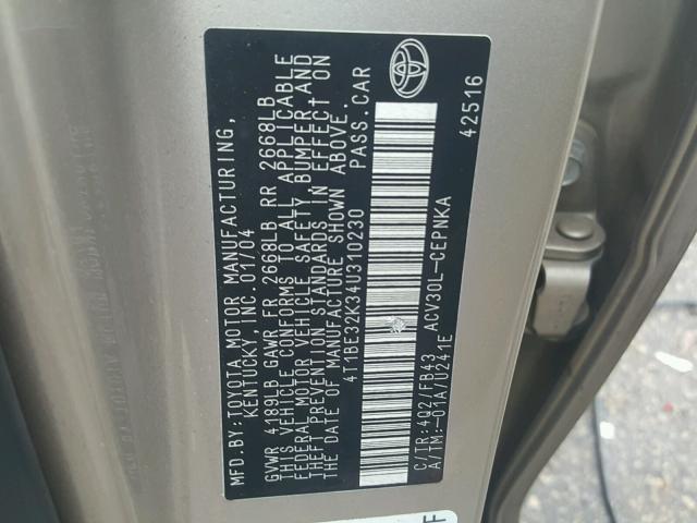 4T1BE32K34U310230 - 2004 TOYOTA CAMRY LE ოქროსფერი ფოტო 10