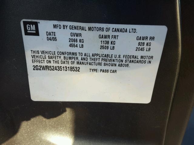 2G2WR524351318532 - 2005 PONTIAC GRAND PRIX ნაცრისფერი ფოტო 10