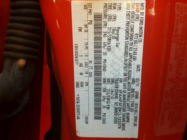 1FAHP3F29CL123376 - 2012 FORD FOCUS SE RED photo 10