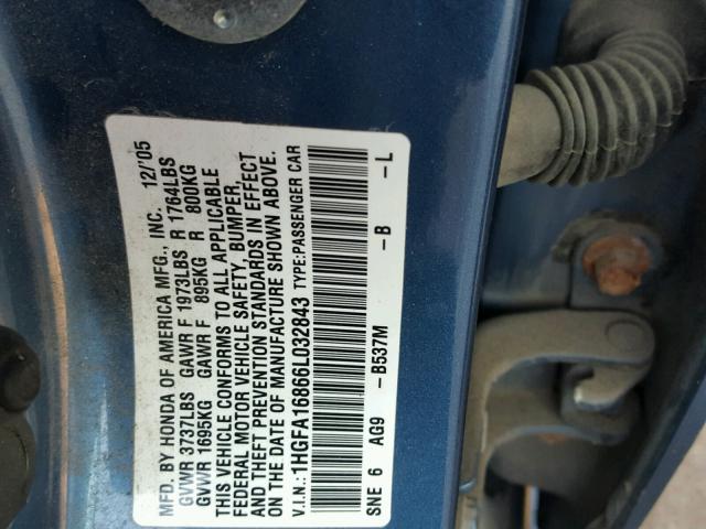 1HGFA16866L032843 - 2006 HONDA CIVIC EX BLUE photo 10