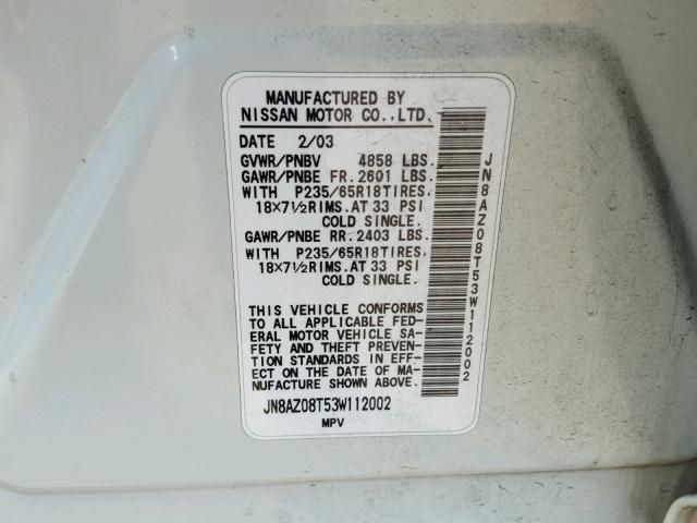 JN8AZ08T53W112002 - 2003 NISSAN MURANO SL WHITE photo 10