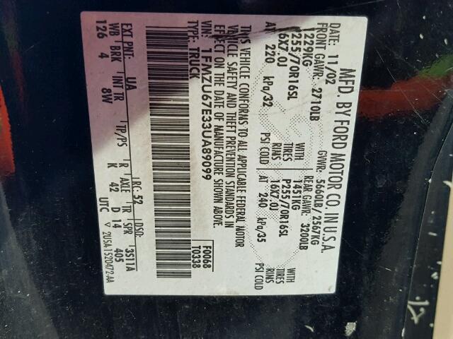 1FMZU67E33UA89099 - 2003 FORD EXPLORER S BLACK photo 10