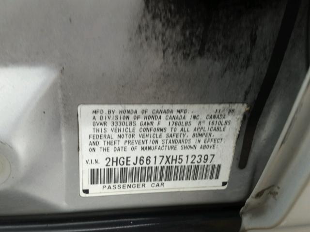 2HGEJ6617XH512397 - 1999 HONDA CIVIC BASE SILVER photo 10