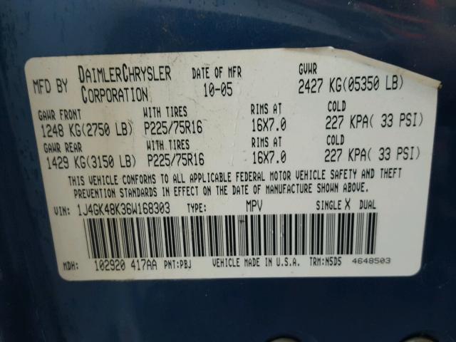 1J4GK48K36W168303 - 2006 JEEP LIBERTY SP BLUE photo 10