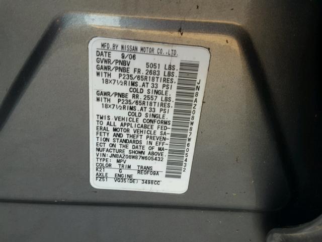 JN8AZ08W87W605432 - 2007 NISSAN MURANO SL SILVER photo 10