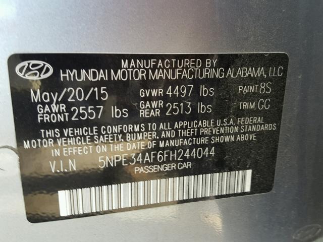 5NPE34AF6FH244044 - 2015 HYUNDAI SONATA SPO GRAY photo 10