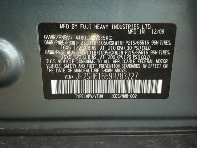 JF2SH61659H783727 - 2009 SUBARU FORESTER 2 BLUE photo 10