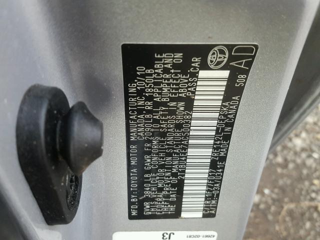 2T1BU4EE7AC500382 - 2010 TOYOTA COROLLA BA SILVER photo 10