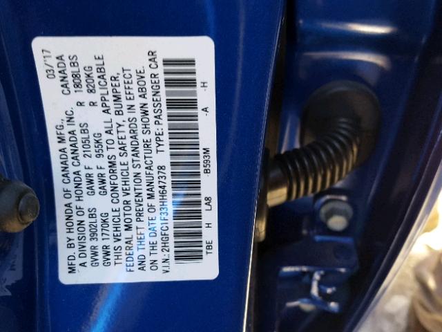 2HGFC1F33HH647378 - 2017 HONDA CIVIC EX BLUE photo 10