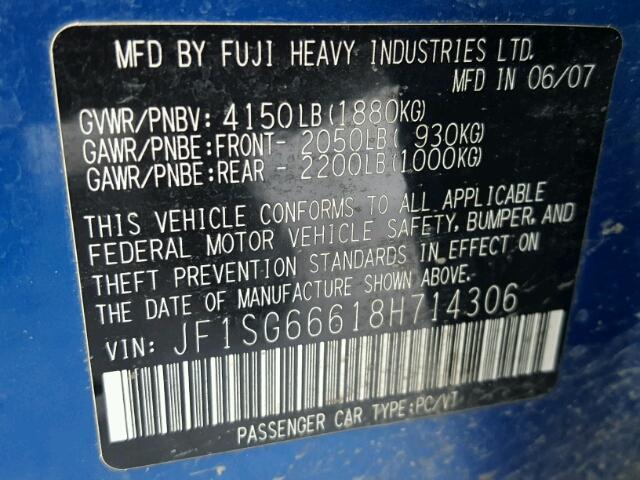 JF1SG66618H714306 - 2008 SUBARU FORESTER S BLUE photo 10