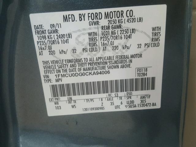 1FMCU0DG0CKA94006 - 2012 FORD ESCAPE XLT BLUE photo 10