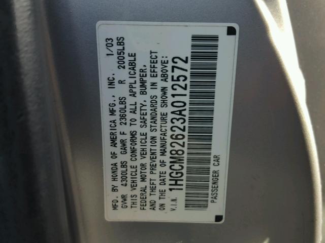 1HGCM82623A012572 - 2003 HONDA ACCORD EX SILVER photo 10