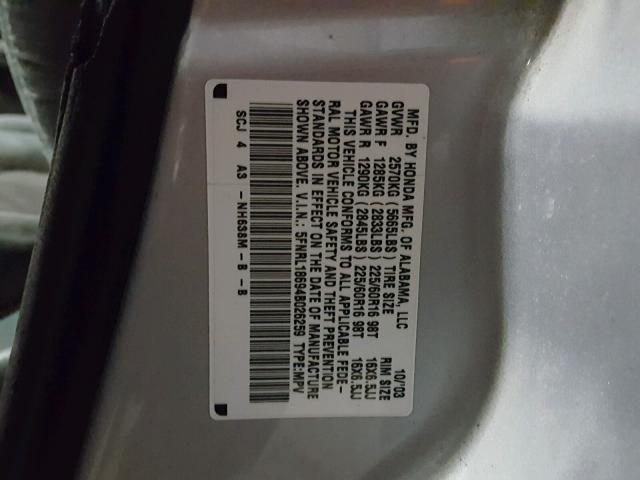 5FNRL18694B026259 - 2004 HONDA ODYSSEY EX SILVER photo 10