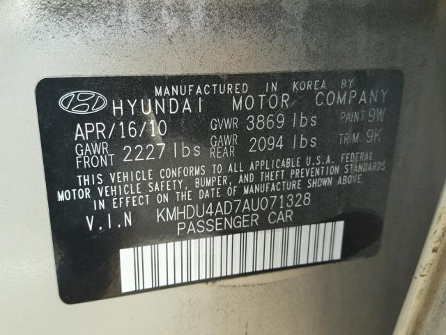 KMHDU4AD7AU071328 - 2010 HYUNDAI ELANTRA BL GOLD photo 10