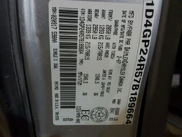 1D4GP24R57B189664 - 2007 DODGE GRAND CARA SILVER photo 10