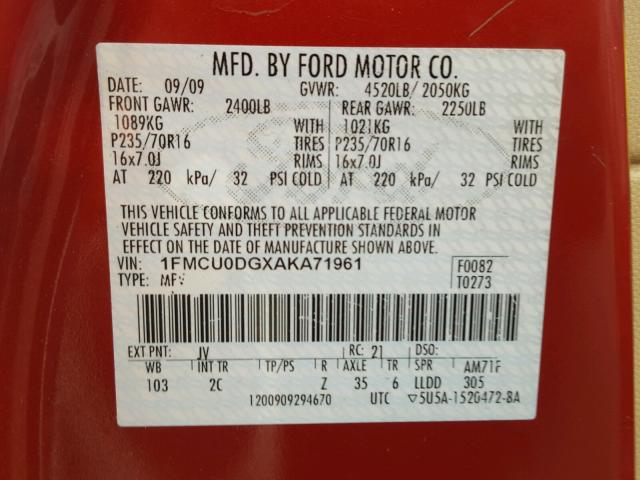 1FMCU0DGXAKA71961 - 2010 FORD ESCAPE XLT RED photo 10