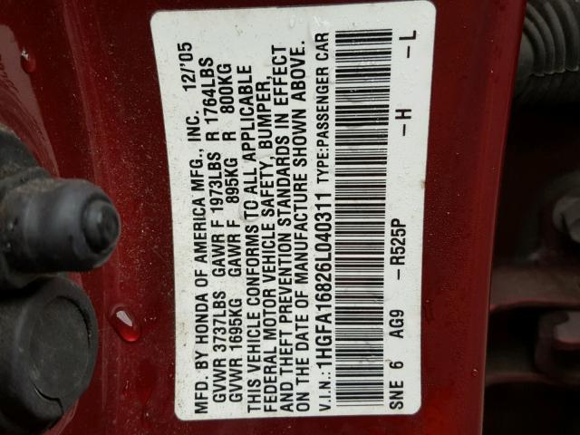 1HGFA16826L040311 - 2006 HONDA CIVIC EX RED photo 10