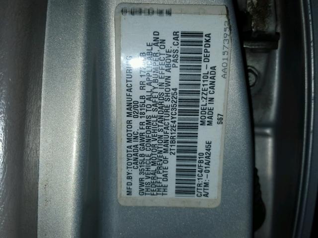 2T1BR12E4YC352254 - 2000 TOYOTA COROLLA VE SILVER photo 10