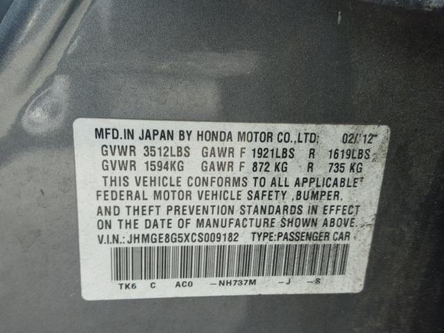 JHMGE8G5XCS009182 - 2012 HONDA FIT SPORT GRAY photo 10