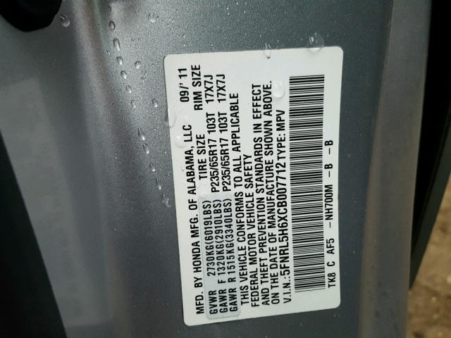 5FNRL5H6XCB007712 - 2012 HONDA ODYSSEY EX SILVER photo 10