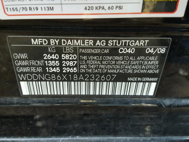 WDDNG86X18A232607 - 2008 MERCEDES-BENZ S 550 4MAT BLACK photo 10