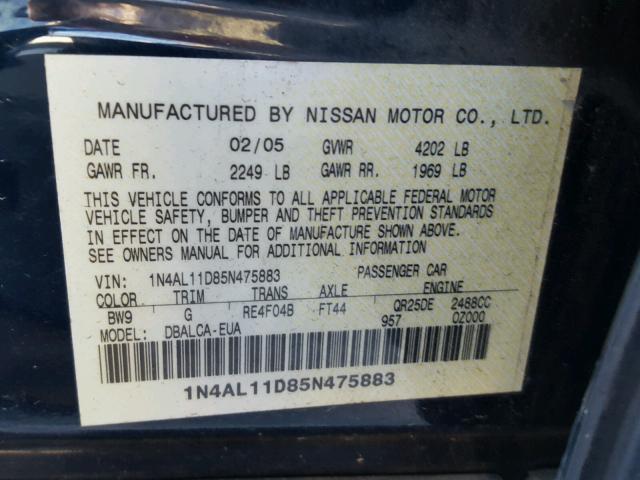 1N4AL11D85N475883 - 2005 NISSAN ALTIMA S BLUE photo 10