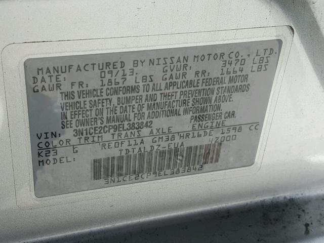 3N1CE2CP9EL383842 - 2014 NISSAN VERSA NOTE SILVER photo 10