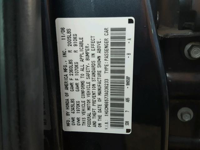 1HGCM66577A036233 - 2007 HONDA ACCORD EX CHARCOAL photo 10