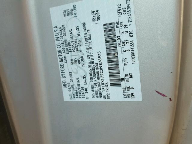 1FTRX17223NB76975 - 2003 FORD F150 Сріблястий фото 10