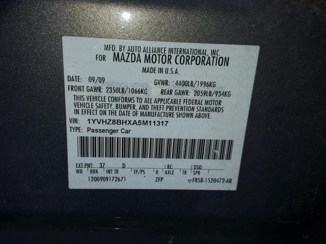 1YVHZ8BHXA5M11317 - 2010 MAZDA 6 I GRAY photo 10