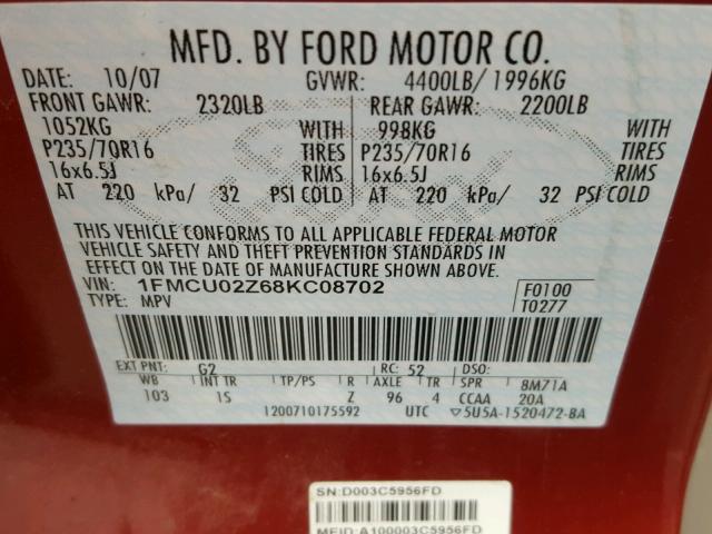 1FMCU02Z68KC08702 - 2008 FORD ESCAPE XLS MAROON photo 10