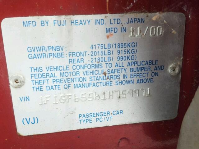 JF1SF65561H759971 - 2001 SUBARU FORESTER S RED photo 10