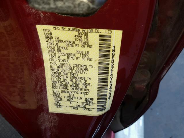 1N6ED27T4YC343357 - 2000 NISSAN FRONTIER C RED photo 10