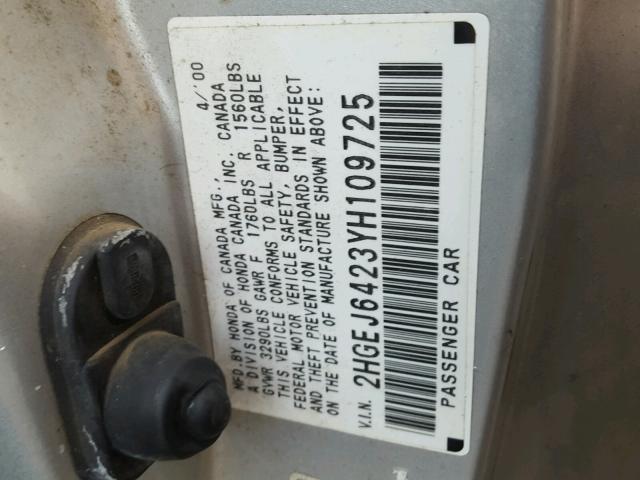 2HGEJ6423YH109725 - 2000 HONDA CIVIC CX GRAY photo 10