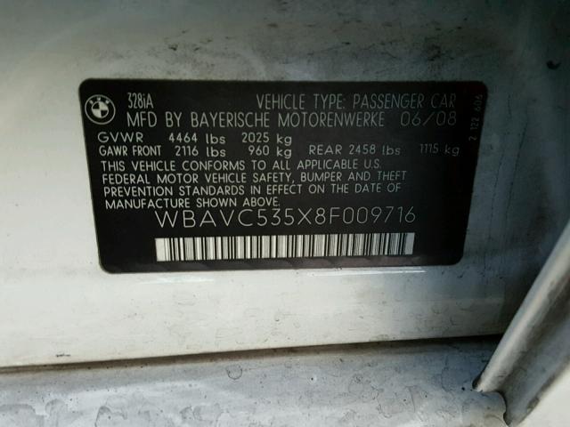 WBAVC535X8F009716 - 2008 BMW 328 I SULE WHITE photo 10