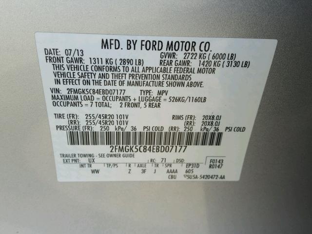 2FMGK5C84EBD07177 - 2014 FORD FLEX SEL SILVER photo 10