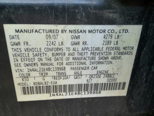 1N4AL21E48C139968 - 2008 NISSAN ALTIMA 2.5 GRAY photo 10