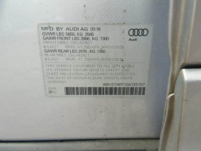 WA1D7AFP1GA125787 - 2016 AUDI Q5 PREMIUM SILVER photo 10