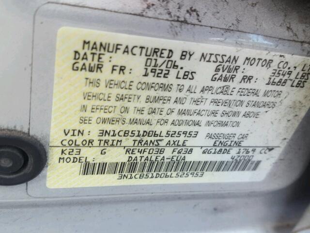 3N1CB51D06L525953 - 2006 NISSAN SENTRA 1.8 SILVER photo 10